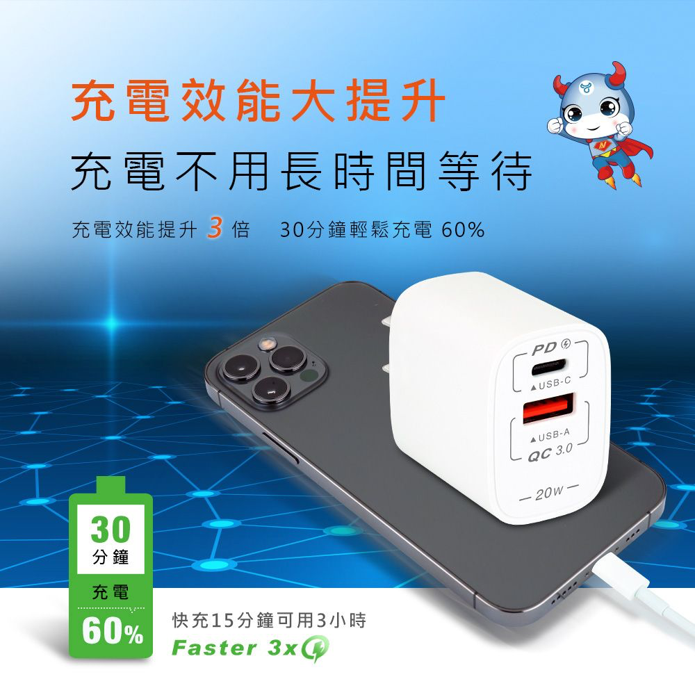 USB-20AC PD+QC 20W雙孔極速快充充電器 PD快充-細節圖4