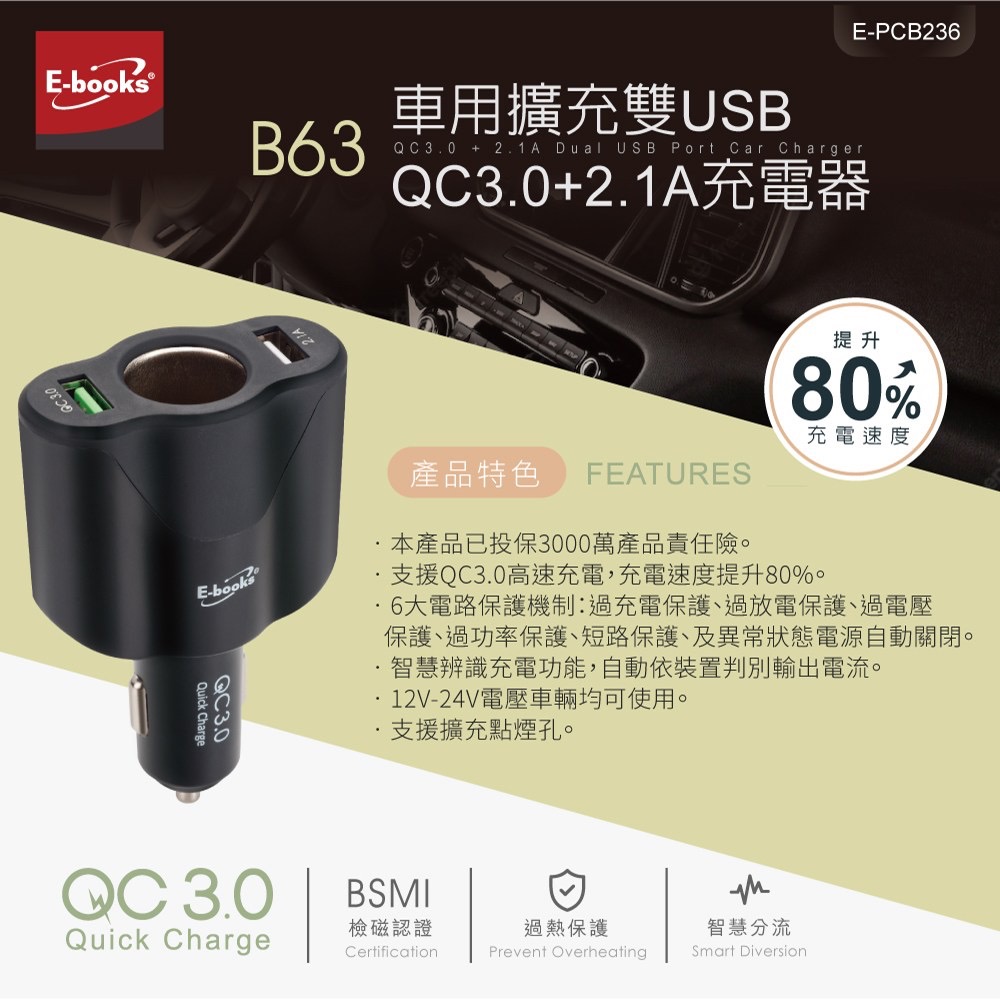 [E-book] B63 車用擴充QC3.0 + 2.1A雙USB快速充電器 車充-細節圖2