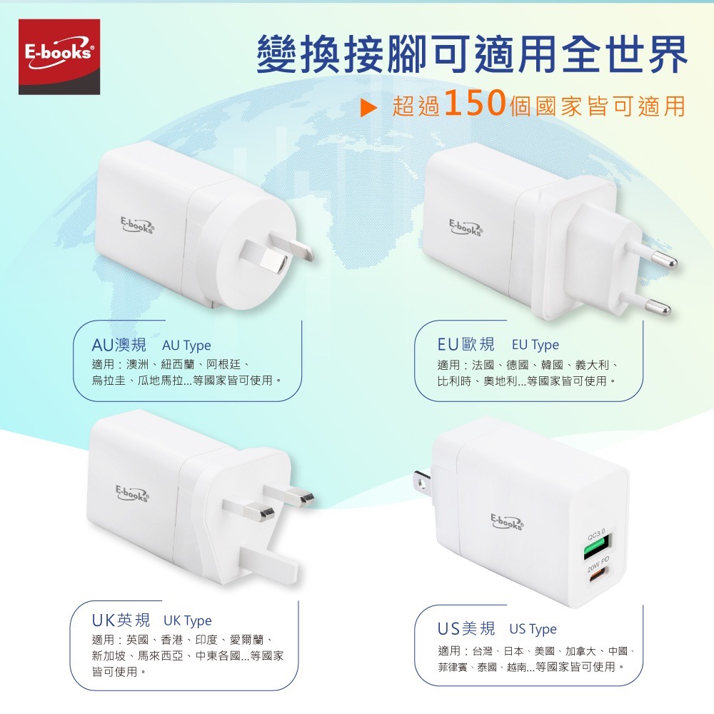 萬國旅行充電器20W 支援PD QC快速充電 附國際插頭-細節圖3