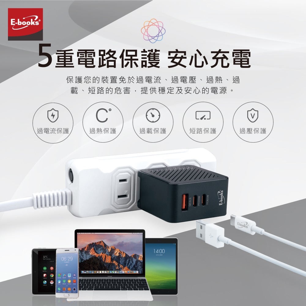 E-BOOKS B72 65W GaN氮化鎵三孔充電器 + 100W C to C快充傳輸線組 筆電充電器 PD快充頭-細節圖3