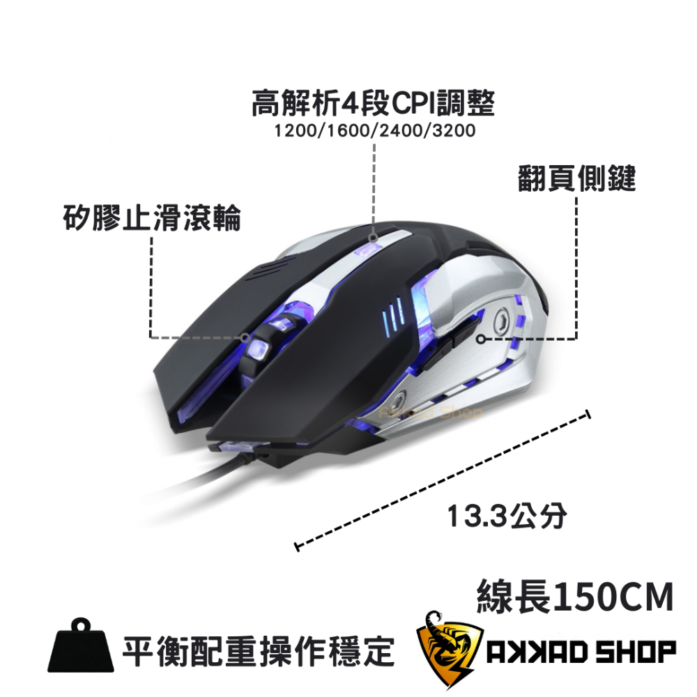 SYS153 戰狼電競光學滑鼠 6鍵式滑鼠 炫彩呼吸燈 線長150CM-細節圖2