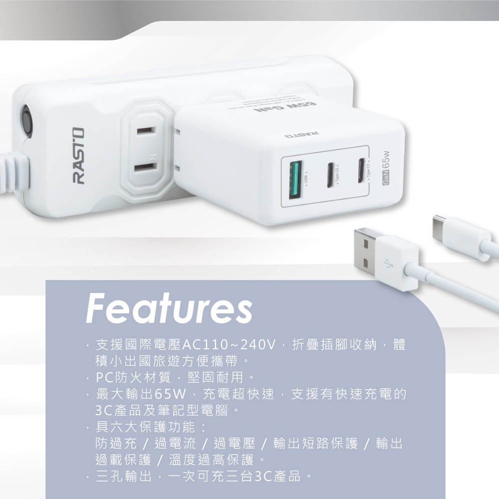 RB28 65W GaN氮化鎵 PD+QC3.0三孔高效能快速充電器-細節圖5