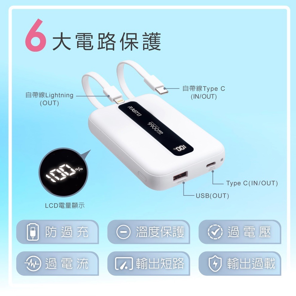 RASTO RB67 9900mAh固態防爆不燃燒 自帶線行動電源 可帶上飛機 保固一年-細節圖4