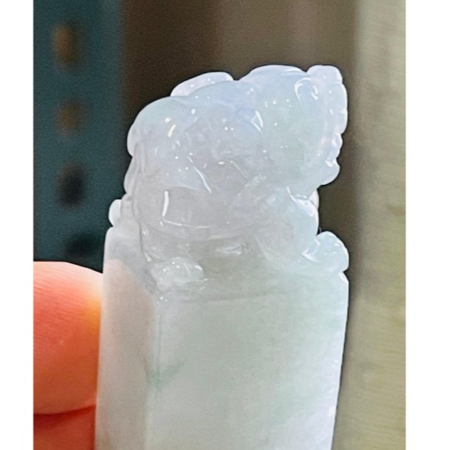 天然A貨緬甸玉 冰潤飄花手工雕招財貔貅翡翠印章/方印/私章 扎實底妝 清爽飄花 圓滾福氣貔貅-細節圖7