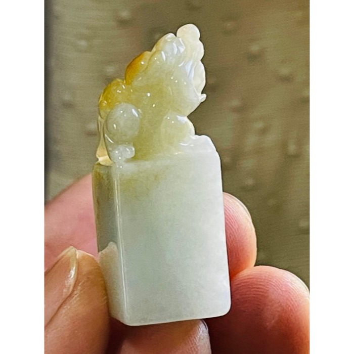 天然A貨緬甸玉 細潤淡綠俏色灑金貔貅翡翠印章/方章/小印 溫潤細肉 手工巧雕鴻運當頭-細節圖2