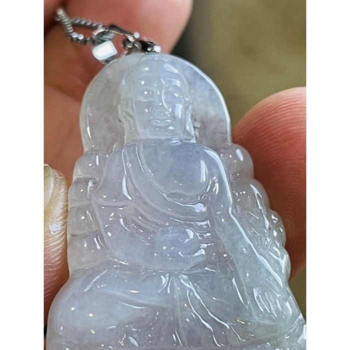 隨緣福德價~天然A貨緬甸玉 白冰坐蓮大日如來翡翠佛墜 冰膠帶點底色 厚度足完美一刀切法像清晰-細節圖2
