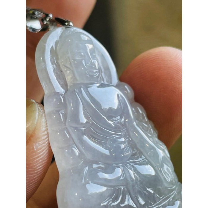 隨緣福德價~天然A貨緬甸玉 白冰坐蓮大日如來翡翠佛墜 冰膠帶點底色 厚度足完美一刀切法像清晰-細節圖3