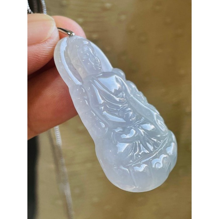 隨緣福德價~天然A貨緬甸玉 白冰坐蓮大日如來翡翠佛墜 冰膠帶點底色 厚度足完美一刀切法像清晰-細節圖5