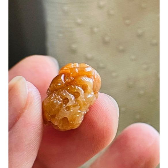 天然A貨緬甸玉 冰橘紅360度手工微雕一條龍翡翠龍珠 整顆色滿起冰油潤 老熟冰紅翡料-細節圖4