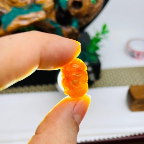 天然A貨緬甸玉 冰橘紅360度手工微雕一條龍翡翠龍珠 整顆色滿起冰油潤 老熟冰紅翡料-細節圖8