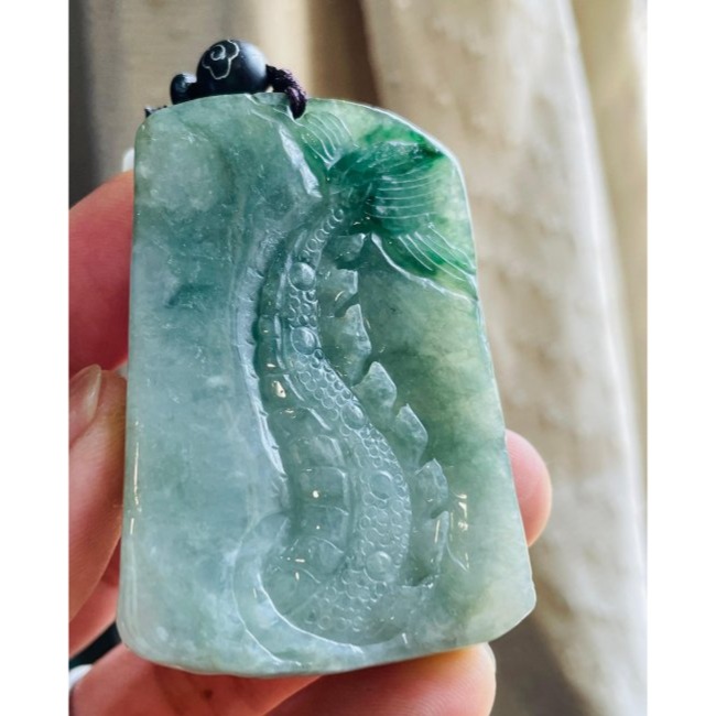 天然A貨緬甸玉 冰潤油青綠龍騰天下翡翠龍牌 起冰有厚度方正牌型 綿延有力龍身翹龍尾-細節圖3