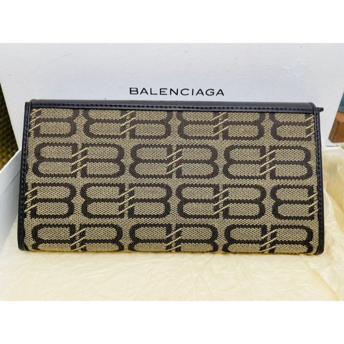 99成新正品~BALENCIAGA巴黎世家 咖啡皮革緹花布長夾 未使用 附盒 議價勿擾-細節圖2