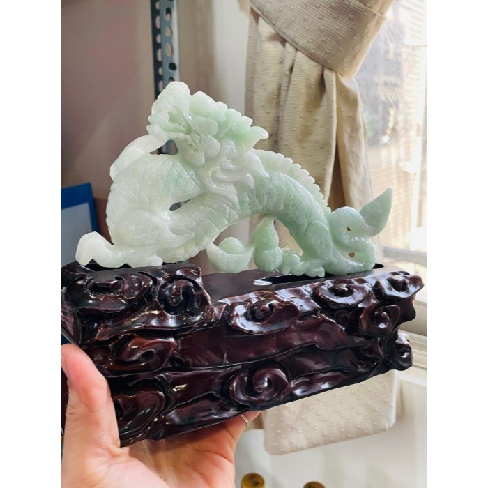 天然A貨緬甸玉 冰潤果綠全立體雕一條龍/生意興隆翡翠大擺件 完美膠潤無晶體綠料-細節圖2