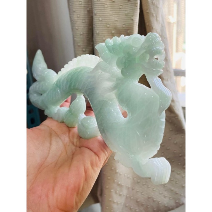天然A貨緬甸玉 冰潤果綠全立體雕一條龍/生意興隆翡翠大擺件 完美膠潤無晶體綠料-細節圖3