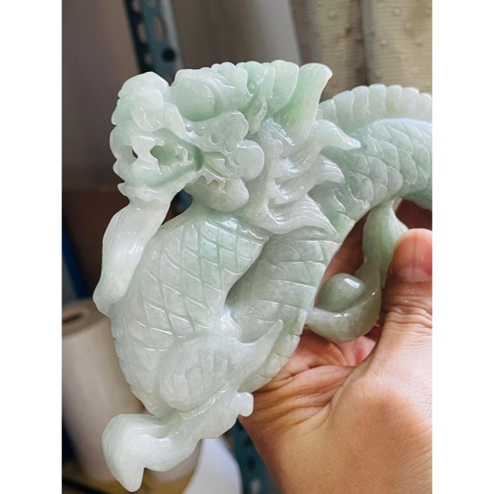 天然A貨緬甸玉 冰潤果綠全立體雕一條龍/生意興隆翡翠大擺件 完美膠潤無晶體綠料-細節圖4