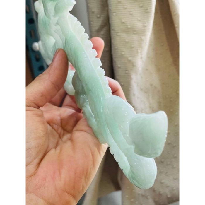 天然A貨緬甸玉 冰潤果綠全立體雕一條龍/生意興隆翡翠大擺件 完美膠潤無晶體綠料-細節圖5