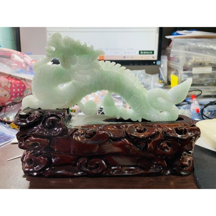 天然A貨緬甸玉 冰潤果綠全立體雕一條龍/生意興隆翡翠大擺件 完美膠潤無晶體綠料-細節圖9