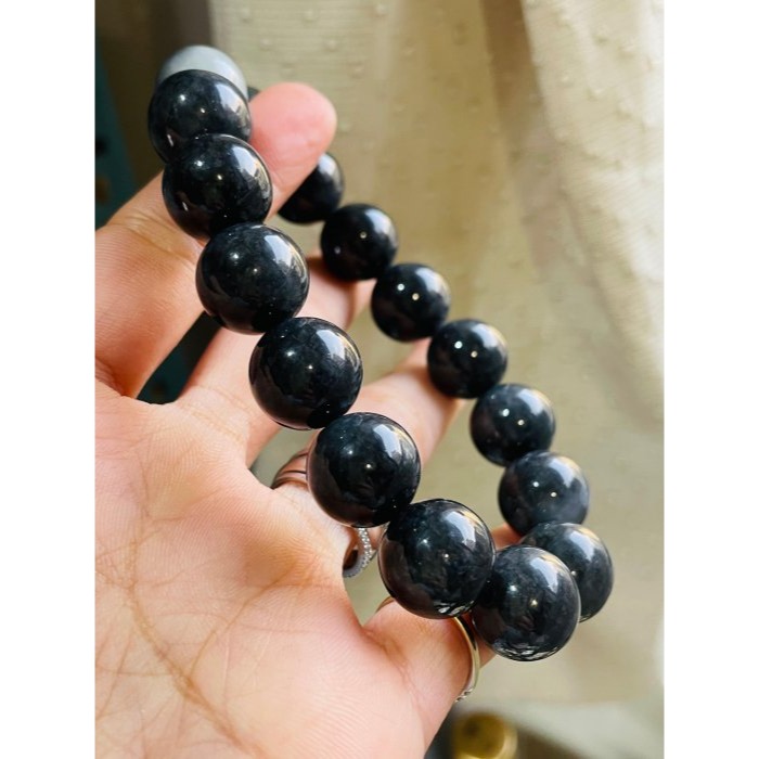 天然A貨緬甸玉 老烏雞14.5mm圓珠翡翠手珠/手鍊17cm手圍 光亮平滑 大咪黑珍珠-細節圖2