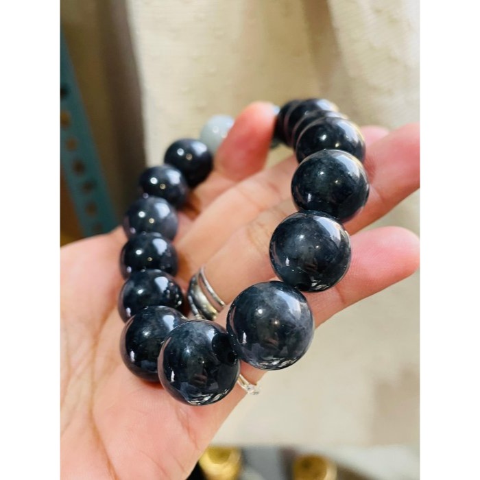 天然A貨緬甸玉 老烏雞14.5mm圓珠翡翠手珠/手鍊17cm手圍 光亮平滑 大咪黑珍珠-細節圖3