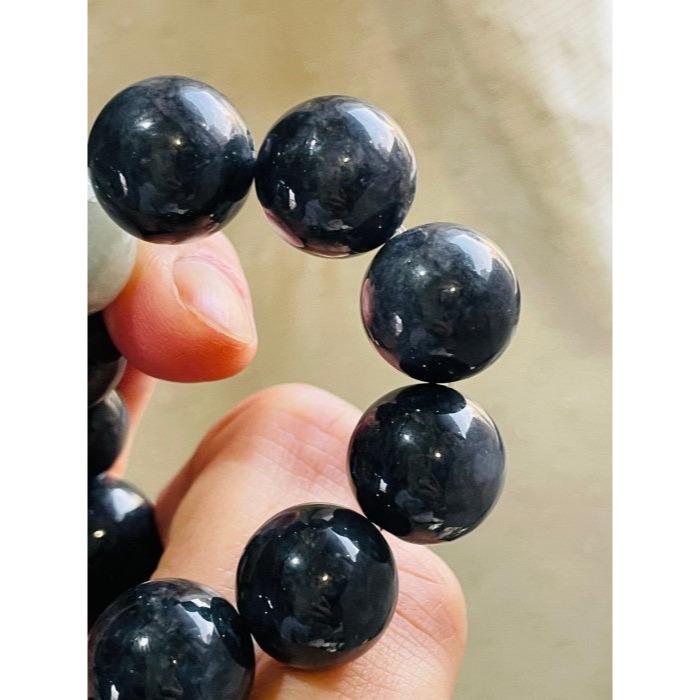 天然A貨緬甸玉 老烏雞14.5mm圓珠翡翠手珠/手鍊17cm手圍 光亮平滑 大咪黑珍珠-細節圖4