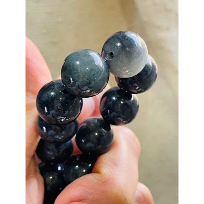 天然A貨緬甸玉 老烏雞14.5mm圓珠翡翠手珠/手鍊17cm手圍 光亮平滑 大咪黑珍珠-細節圖5