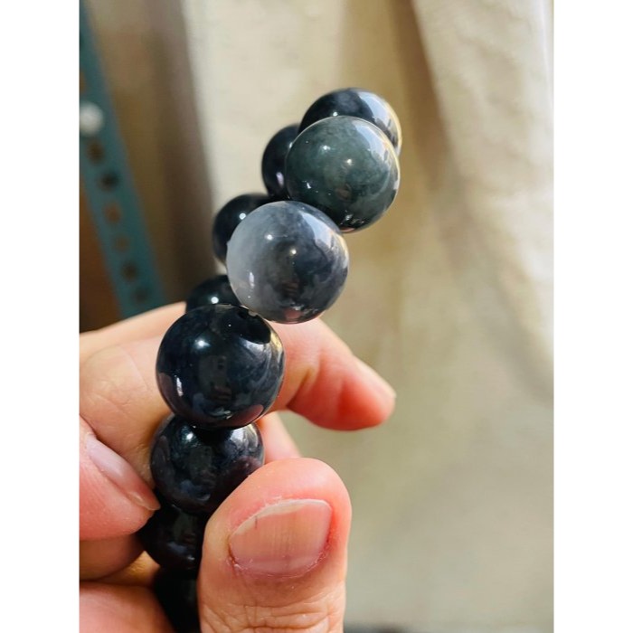天然A貨緬甸玉 老烏雞14.5mm圓珠翡翠手珠/手鍊17cm手圍 光亮平滑 大咪黑珍珠-細節圖6