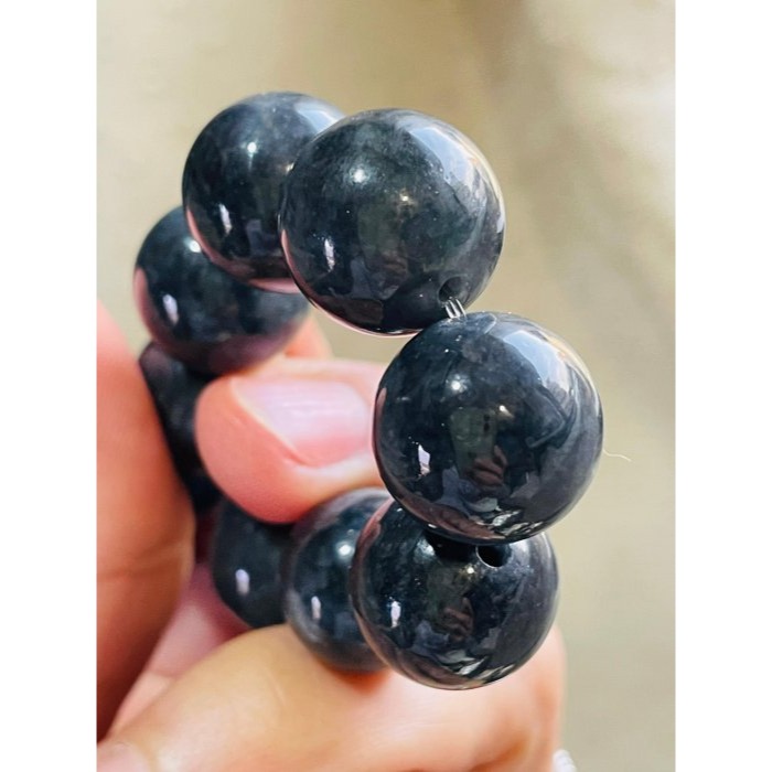 天然A貨緬甸玉 老烏雞14.5mm圓珠翡翠手珠/手鍊17cm手圍 光亮平滑 大咪黑珍珠-細節圖7