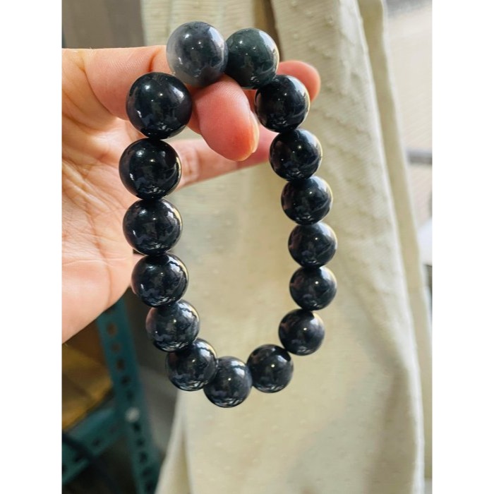 天然A貨緬甸玉 老烏雞14.5mm圓珠翡翠手珠/手鍊17cm手圍 光亮平滑 大咪黑珍珠-細節圖8