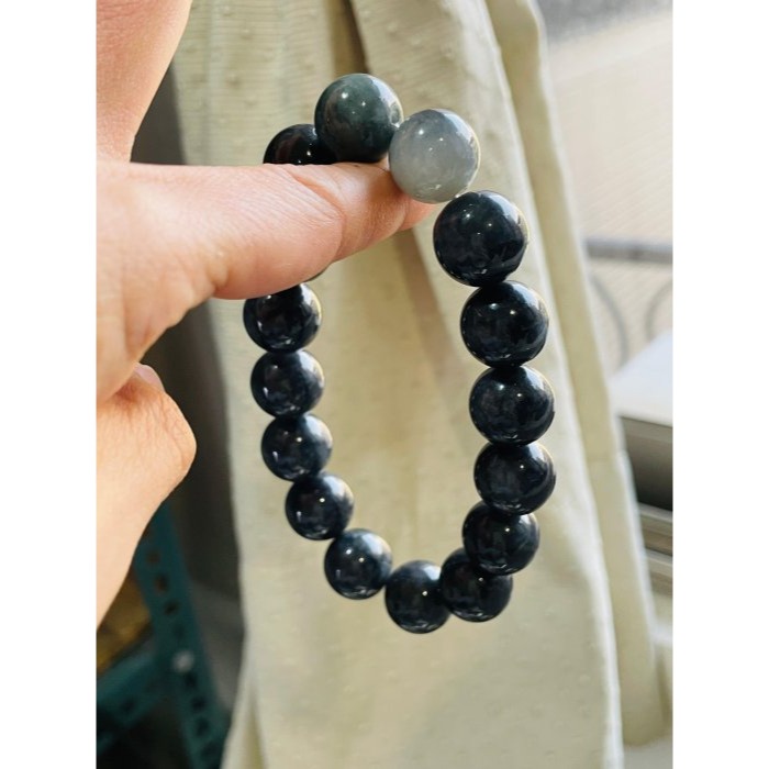 天然A貨緬甸玉 老烏雞14.5mm圓珠翡翠手珠/手鍊17cm手圍 光亮平滑 大咪黑珍珠-細節圖9