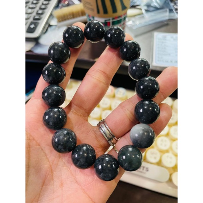 天然A貨緬甸玉 老烏雞14.5mm圓珠翡翠手珠/手鍊17cm手圍 光亮平滑 大咪黑珍珠-細節圖10
