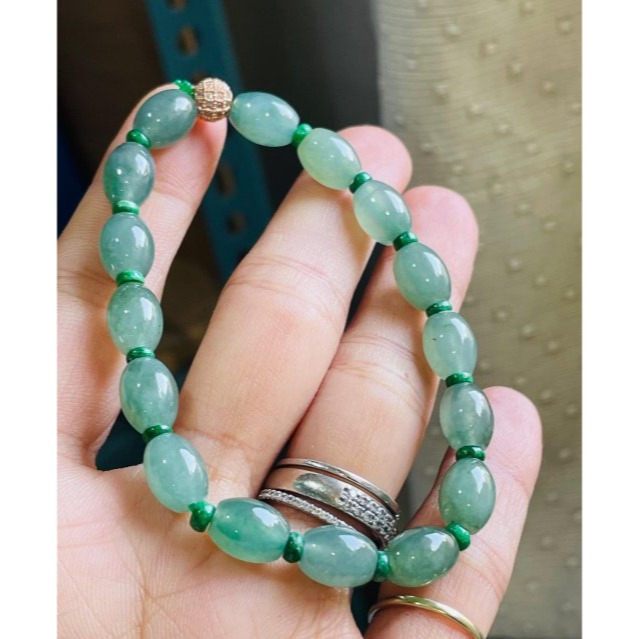 天然A貨緬甸玉 冰膠油青7.3mm小米珠翡翠手串/珠串 手圍17cm 顆顆冰潤帶色帶些飄花 完美度98%-細節圖2