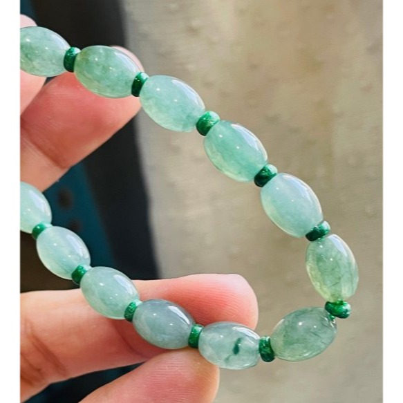 天然A貨緬甸玉 冰膠油青7.3mm小米珠翡翠手串/珠串 手圍17cm 顆顆冰潤帶色帶些飄花 完美度98%-細節圖3