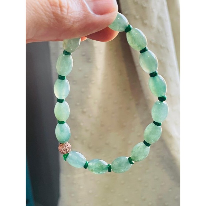 天然A貨緬甸玉 冰膠油青7.3mm小米珠翡翠手串/珠串 手圍17cm 顆顆冰潤帶色帶些飄花 完美度98%-細節圖8