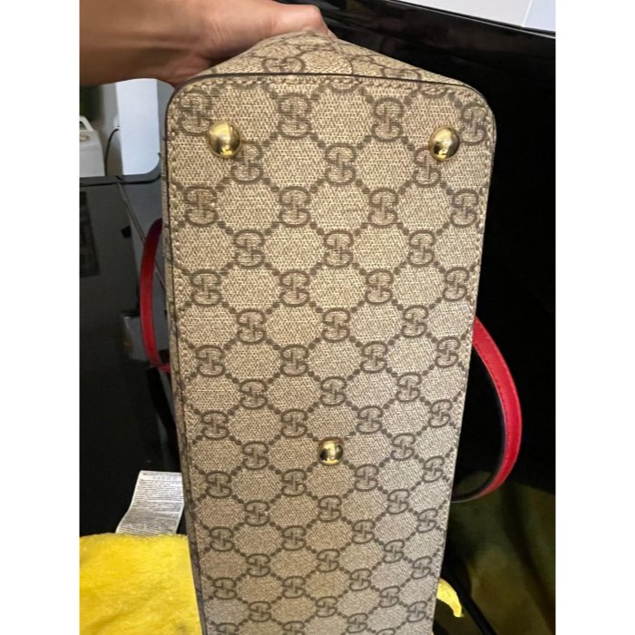 8成新正品~GUCCI 雙G logo防刮皮托特包/大包 A4可放 麂皮內裡 牛皮滾邊 肩帶-細節圖5