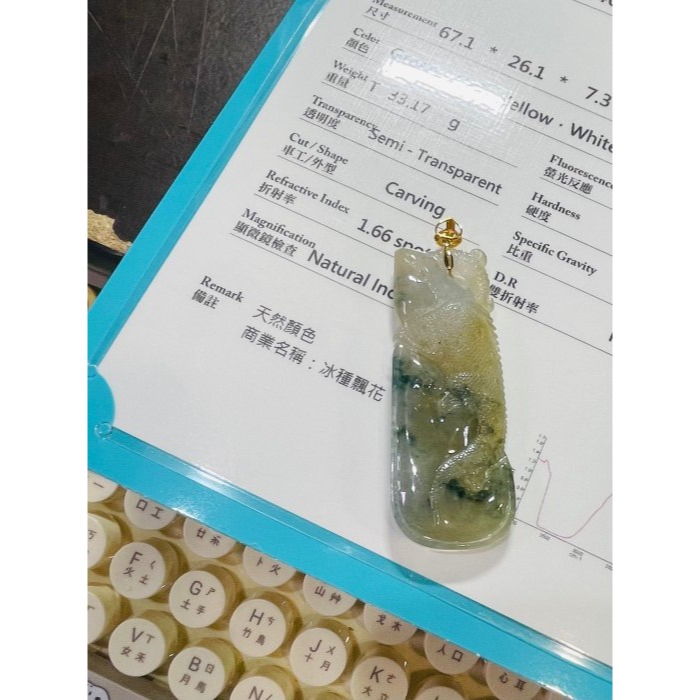 天然A貨緬甸玉 冰種三彩飄花手工雙面雕吸金千億/蜥蜴翡翠18K金玉墜 起光冰黃白帶藍花多多-細節圖10