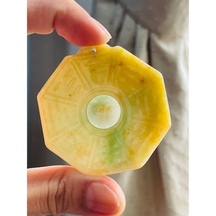 天然A貨緬甸玉 細潤橙黃加綠雙彩太極八卦翡翠玉墜 鮮亮溫潤黃綠皮帶過底飄綠 雙面配戴款-細節圖8