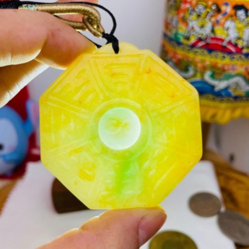 天然A貨緬甸玉 細潤橙黃加綠雙彩太極八卦翡翠玉墜 鮮亮溫潤黃綠皮帶過底飄綠 雙面配戴款-細節圖9