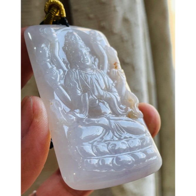 天然A貨緬甸玉 冰潤櫻花紫灑金坐蓮八臂觀音翡翠佛牌 粉嫩淡紫底方正牌形 灑橘紅 法像清晰慈悲-細節圖2
