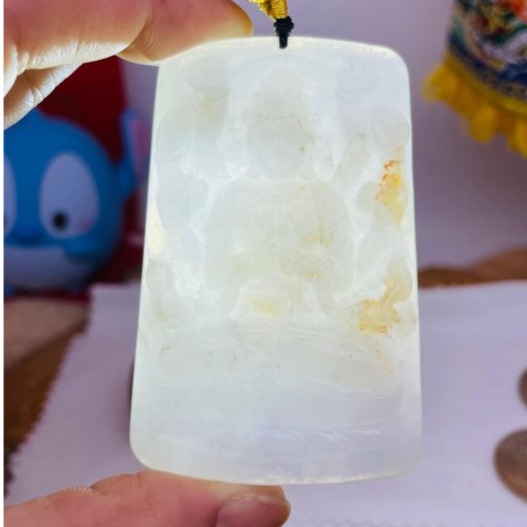 天然A貨緬甸玉 冰潤櫻花紫灑金坐蓮八臂觀音翡翠佛牌 粉嫩淡紫底方正牌形 灑橘紅 法像清晰慈悲-細節圖8