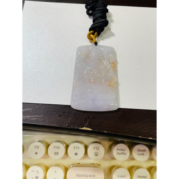 天然A貨緬甸玉 冰潤櫻花紫灑金坐蓮八臂觀音翡翠佛牌 粉嫩淡紫底方正牌形 灑橘紅 法像清晰慈悲-細節圖9