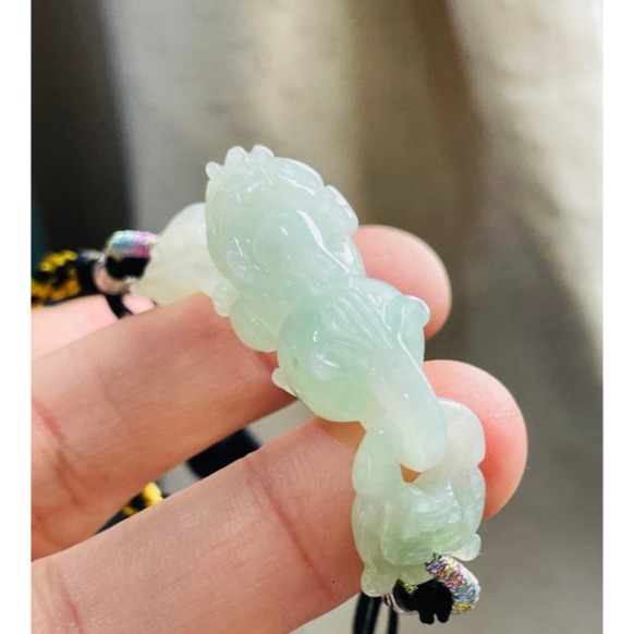 天然A貨緬甸玉 冰潤果綠同心扣立體貔貅翡翠手牌/手鍊 無限制手圍 膠潤種好帶色 上手立體亮眼-細節圖5