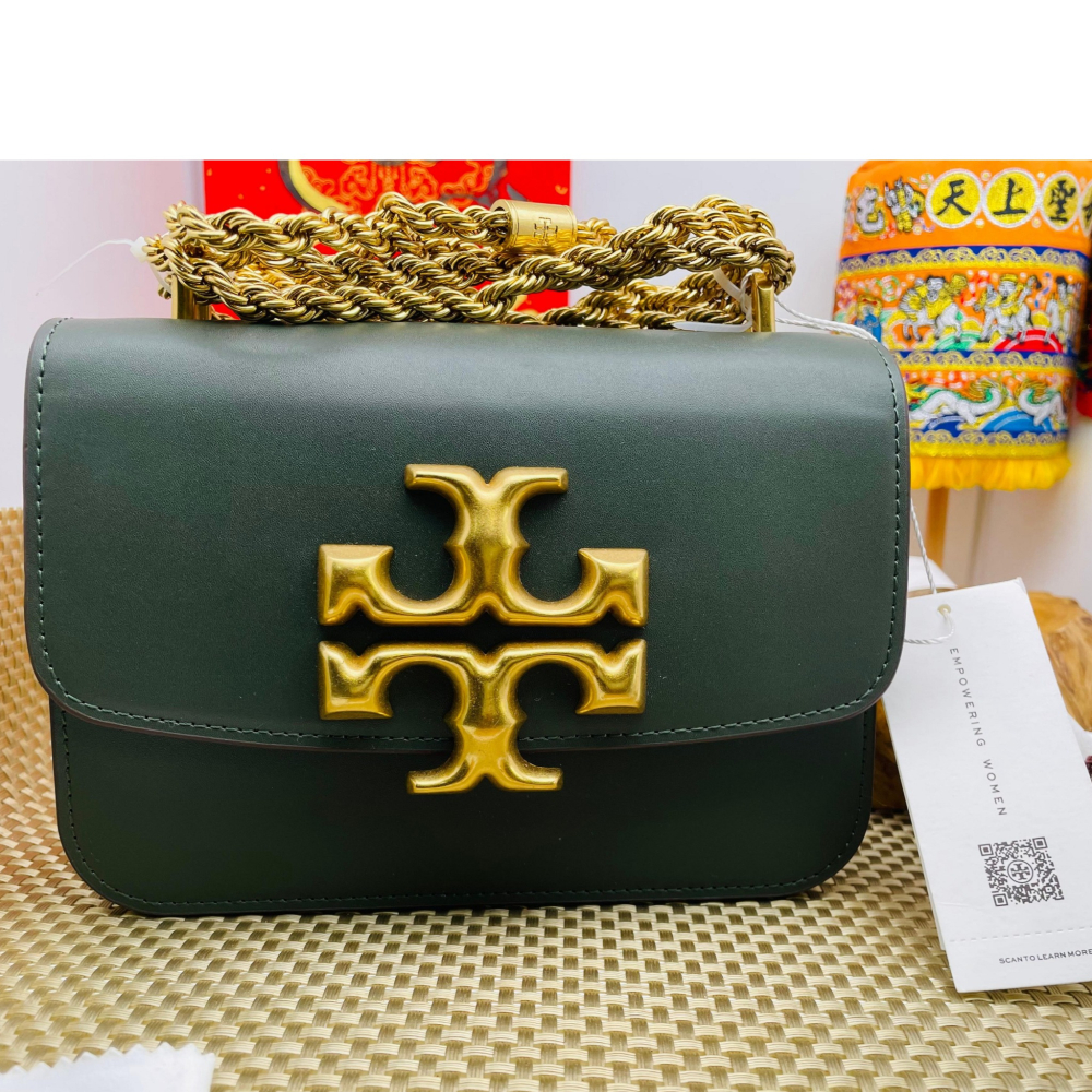 全新正品~TORY BURCH 金色大TB logo灰綠牛皮麻花鍊條斜背包/側背包 全新吊牌在 美金598購入議價勿擾-細節圖2