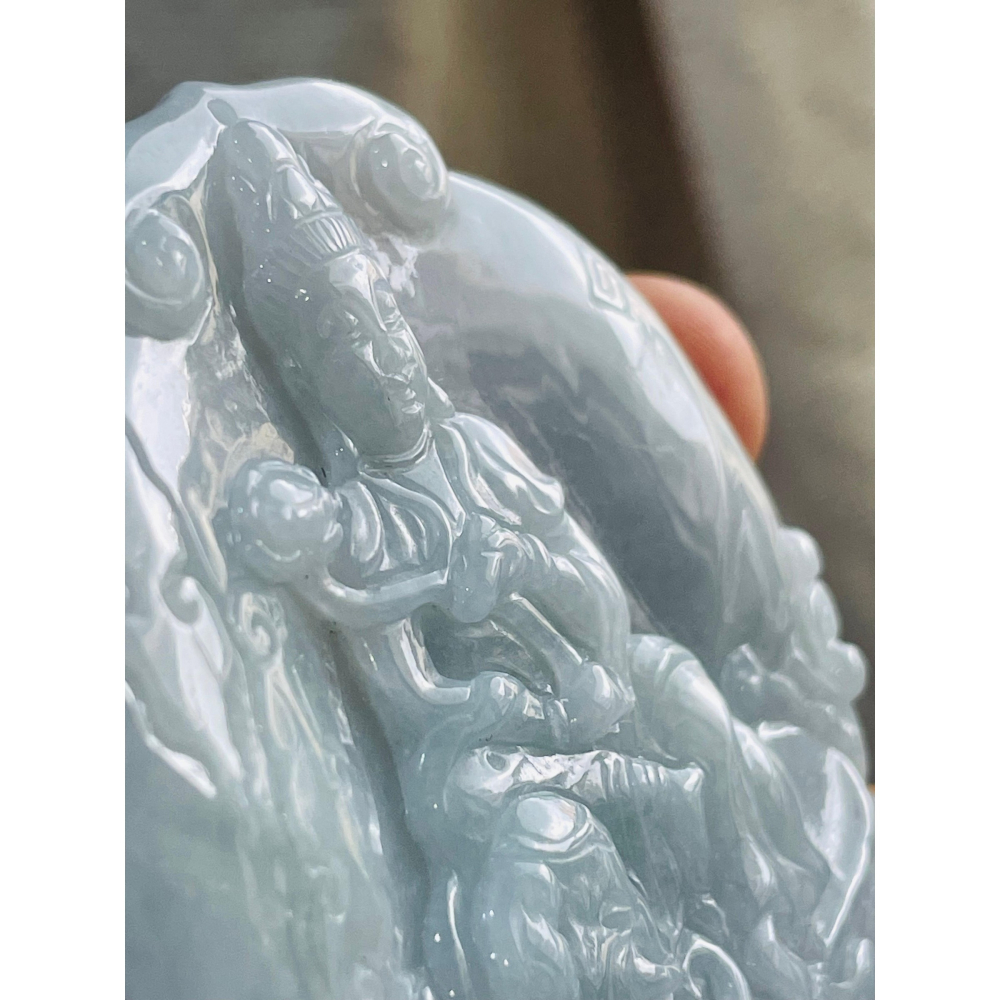 隨緣福德價~天然A貨緬甸玉 細潤亮藍綠普賢菩薩觀音翡翠佛牌 色滿勻稱 厚度足透手影 法像清晰-細節圖2
