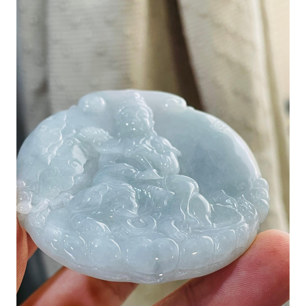 隨緣福德價~天然A貨緬甸玉 細潤亮藍綠普賢菩薩觀音翡翠佛牌 色滿勻稱 厚度足透手影 法像清晰-細節圖3