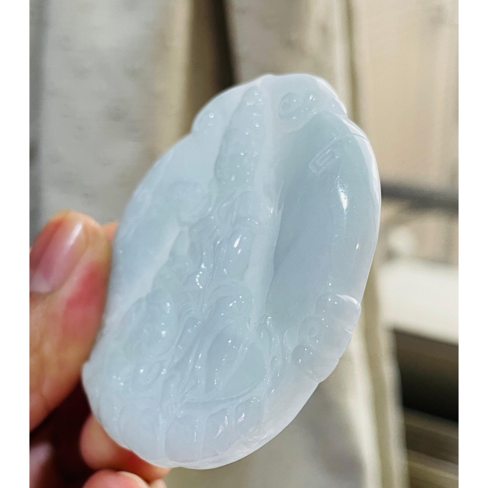 隨緣福德價~天然A貨緬甸玉 細潤亮藍綠普賢菩薩觀音翡翠佛牌 色滿勻稱 厚度足透手影 法像清晰-細節圖6
