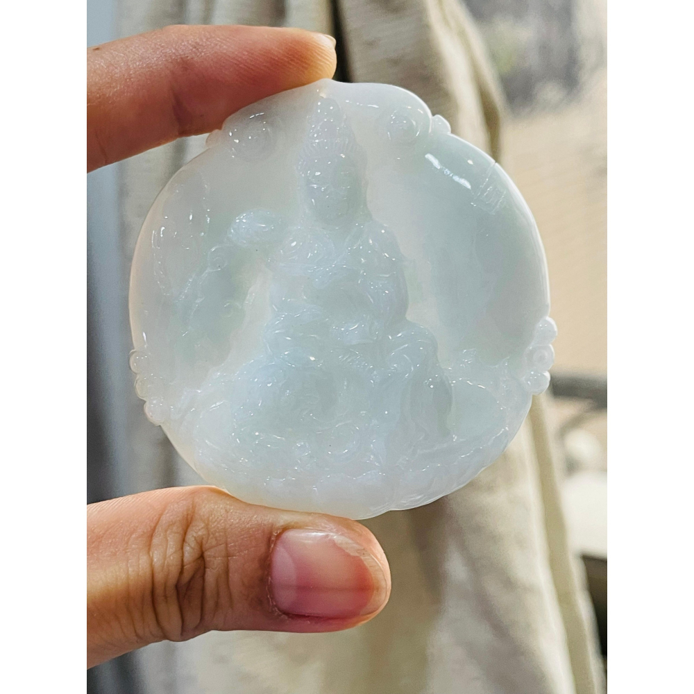 隨緣福德價~天然A貨緬甸玉 細潤亮藍綠普賢菩薩觀音翡翠佛牌 色滿勻稱 厚度足透手影 法像清晰-細節圖8