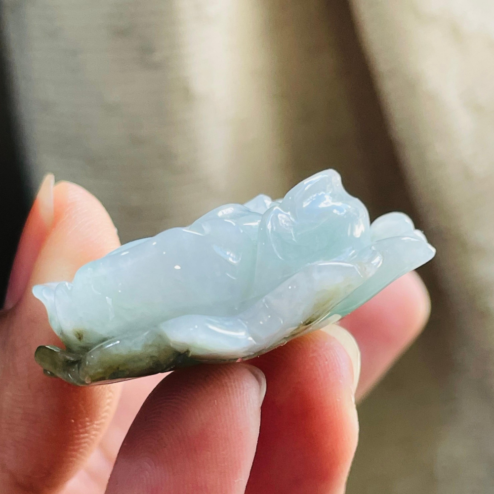 天然A貨緬甸玉 細潤小三彩花手工雕富貴花開翡翠玉墜/手牌 細肉無晶體 粉嫩白綠帶茶黃-細節圖4