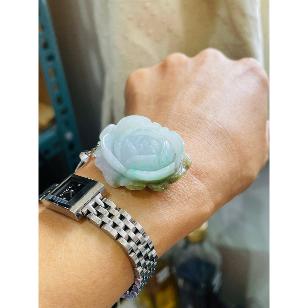 天然A貨緬甸玉 細潤小三彩花手工雕富貴花開翡翠玉墜/手牌 細肉無晶體 粉嫩白綠帶茶黃-細節圖8