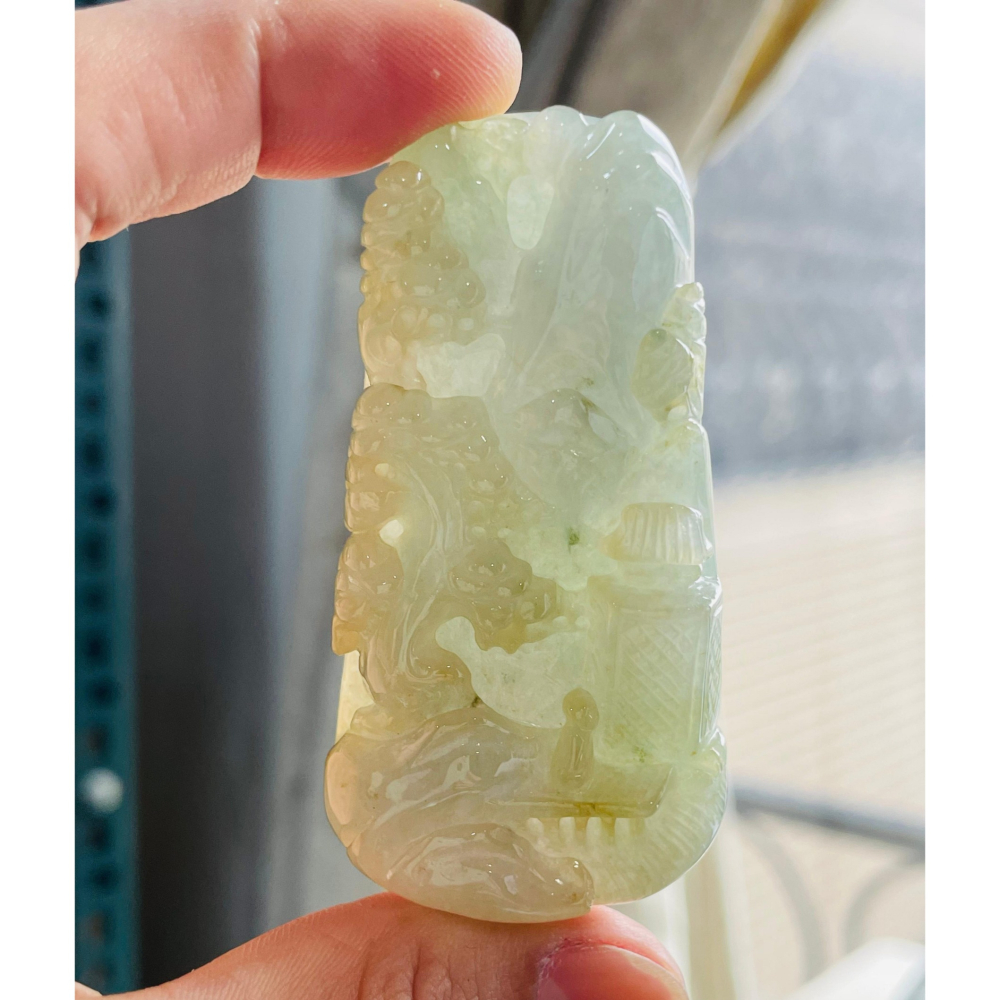 圈粉價~天然A貨緬甸玉 冰潤晴藍俏黃日進斗金翡翠山水牌 晴藍肉帶灑金 冰黃巧雕發財樹-細節圖7