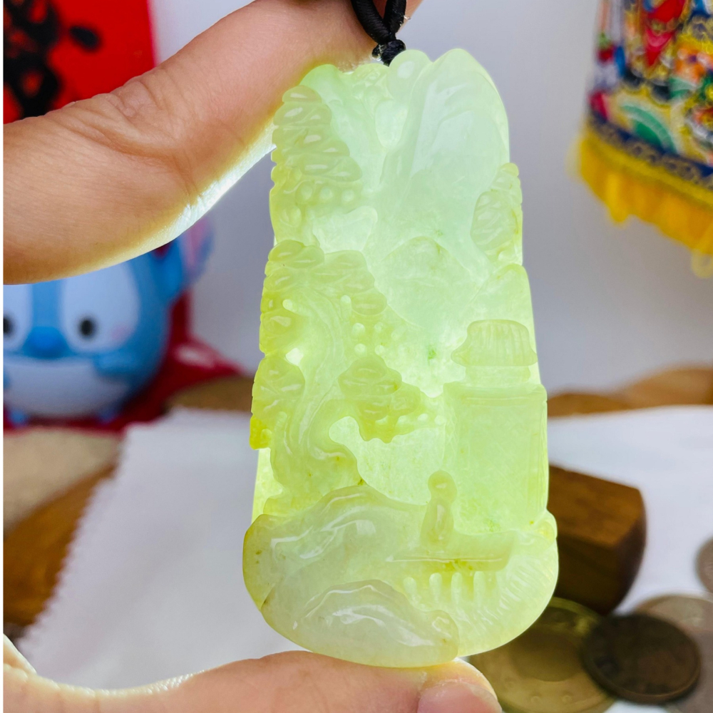 圈粉價~天然A貨緬甸玉 冰潤晴藍俏黃日進斗金翡翠山水牌 晴藍肉帶灑金 冰黃巧雕發財樹-細節圖8